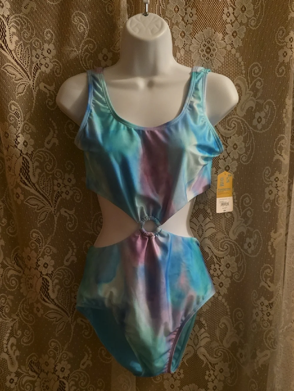 New Thereabouts Girls Size 18 1/2 Blue Green Tie Dye‎ One Piece Bathing Swimsuit